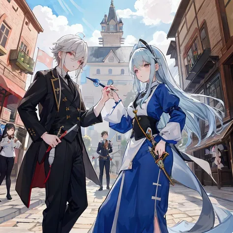 Draw a scene in the town square where the residents are training under the guidance of Elliot and Alisa.。Elliot has a sword、Teaching residents the basics of defense and attack。on the other hand、Arisa is demonstrating a defensive spell while drawing a magic...