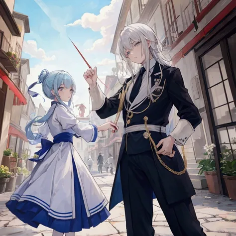 Draw a scene in the town square where the residents are training under the guidance of Elliot and Alisa.。Elliot has a sword、Teaching residents the basics of defense and attack。on the other hand、Arisa is demonstrating a defensive spell while drawing a magic...