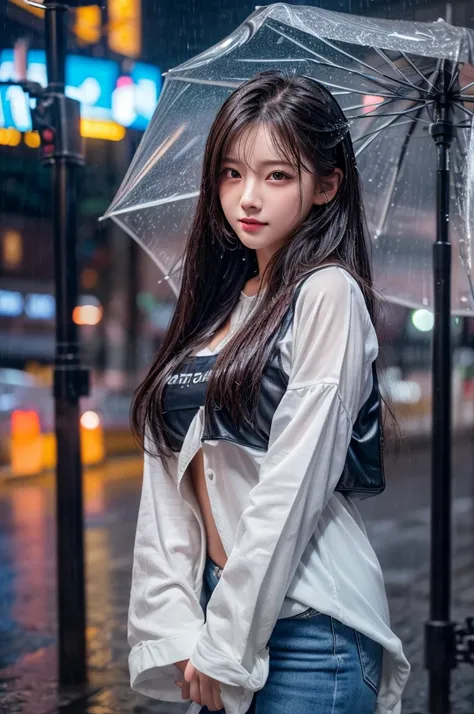 (8k, RAW Photos, Highest quality, masterpiece:1.2), (Realistic, photo-Realistic:1.37), Omertoza, One girl, (K-Pop Idols), (aegyo sal:1), cute, Cityscape, rain, Wet, Professional Lighting, Photon Mapping, Radio City, Physically Based Rendering,,  