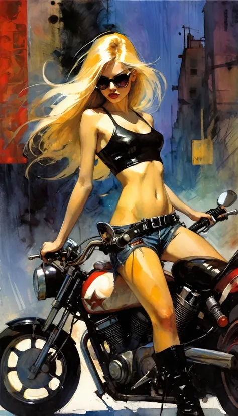 blonde girl with long hair, small breasts, biker, radical girl, sexy posing on a motorcycle, (art inspired by Bill Sienkiewicz). oil painting)
