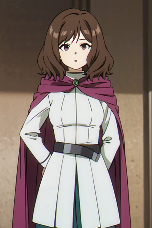 (((Best quality))),((Ultra-detailed)),((illustration)),((Disheveled hair)),((frilld)),(1 girl),(Solo),
 1girl , bangs , belt , black cape , breasts , brown eyes , brown hair ,cape , cloak , cowboy shot , eyebrows visible through hair , long sleeves , looki...