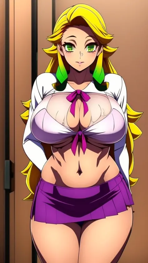  a sexy girl Big breast sensual beautiful popularity beautiful  long curly yellow hair her green eye cute pink lip she wears a white button-down shirt tied knot shows navel shows chest Purple bra and a short green skirt black heel