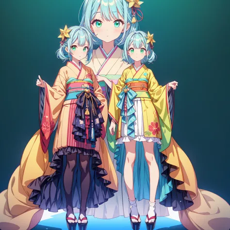 1girginal cute hairstyle、Star Fairy、Star incarnation、Character design front view、A picture facing the viewer、(((Super detailed、Highest quality、Masterpiece)))、Original cute hairstyle、Milky white and blue hair color、Simple Green Background、vtuber-fullbody,Go...