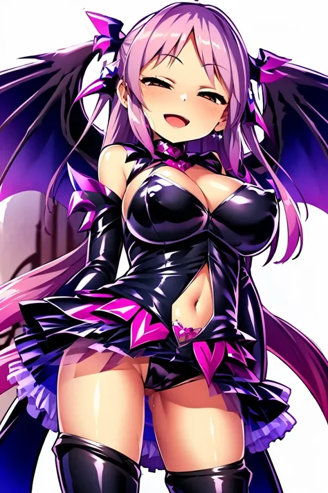 Cure happiness,  skirt,  Wrist cuff, shorts under skirt, boots, corruption, Hollow Eyes, Half closed eyes, Wicked Smile, There are no students, Crazy Smile, Open your mouth, 1 Girl, Dark Magical Girl,Black costume,Large Breasts（Huge breasts:1.8)