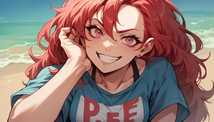 (((adult  woman))), pink eyes, (long red hair), Beach clothes, pretentious smile
