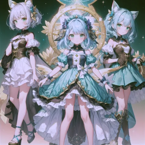 1girginal cute hairstyle、Star Fairy、Star incarnation、Character design front view、A picture facing the viewer、(((Super detailed、Highest quality、Masterpiece)))、Original cute hairstyle、Milky white and blue hair color、Simple Green Background、vtuber-fullbody,K,...