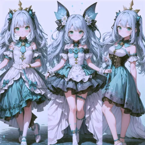 1girginal cute hairstyle、Star Fairy、Star incarnation、Character design front view、A picture facing the viewer、(((Super detailed、Highest quality、Masterpiece)))、Original cute hairstyle、Milky white and blue hair color、Simple Green Background、vtuber-fullbody,K,...