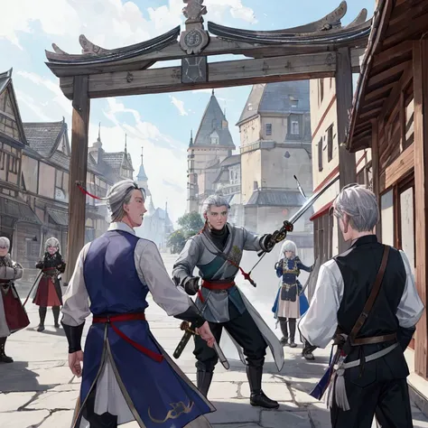 Middle-aged men、Gray Hair、Dressed as an adventurer、Holding a sword、Teaching residents the basics of defense and attack。A scene where the residents are being trained in the town square