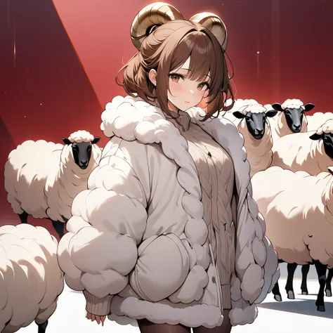 (masterpiece:1.2, Highest quality), 1 female, alone,Aries images,Brown-haired woman in fluffy clothes, Shortcuts, shape, Sheep images,The background is solid red

