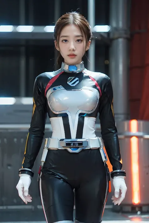 realistic、realistic、cinematic lighting, Girl in a powerranger suit、18 years old、professional photos、Do not expose your skin, japanese model, japanese cgi、tight and thin cyber suit,Whole body rubbery、delicate body, big breasts、small ass、thin thighs、thin arm...