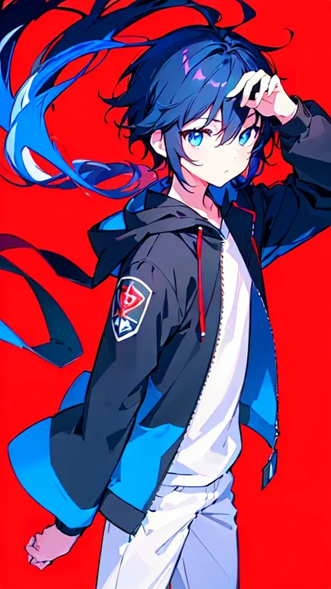 [(RED BACKGROUND:1.5),::5], ((((masterpiece)))), high quality, ultra very high resolution, full color, (((solo))), ((little boy)), BLACK hair, (Blue streaked hair), (oriental deepblue eyes), anime, ((upper body)), Summer clothes, neon light, black parka, 