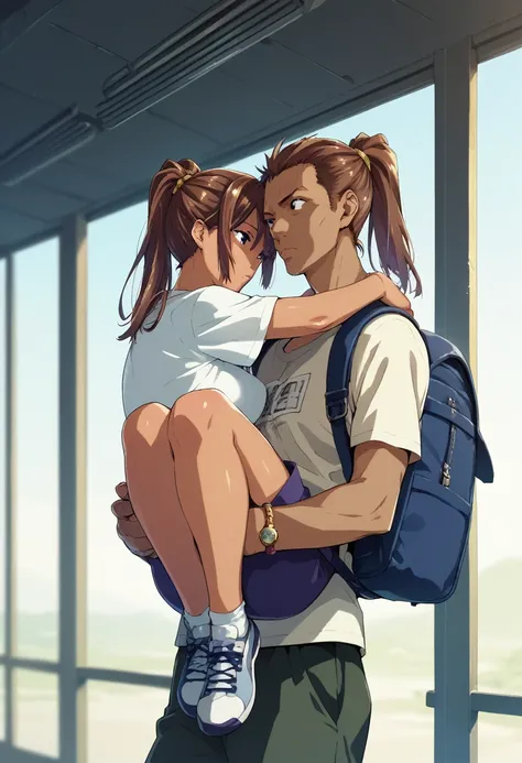 human, ((1girls)), 18 years old, beautiful, ponytail, brown hair, black eyes, Plain T-shirt outfit, Z cup breasts, ((brown skin)), fair body, 1m78, deserted, ((Takeda Hiromitsu style)), carry a backpack, vail travel, train,