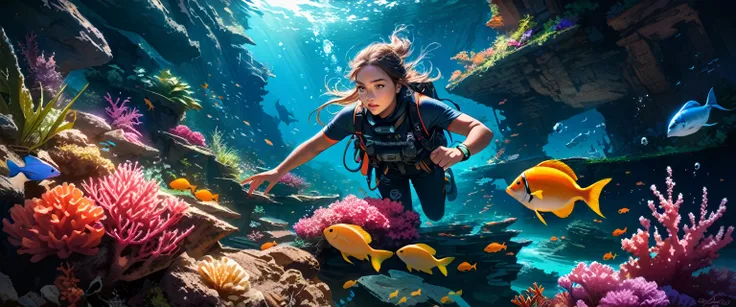 (best quality,4k,8k,highres,masterpiece:1.2),ultra-detailed,(realistic,photorealistic,photo-realistic:1.37),diving,1diver,girl,scuba diving outfit,underwater adventure,looking for Atlantis,sunken mythical city,beautiful detailed eyes,beautiful detailed lip...