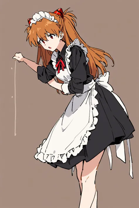 1 girl, souryuu asuka langley, Neon Genesis Evangelion, maid, Solitary, maid headskirt, arms, apron, Keep, Long hair, Keep arms, Brown background, maid apron, Gray hair, Miss, Simple background, Red Eyes, boundary, Shut up, white boundary, skirt, Bangs, wh...