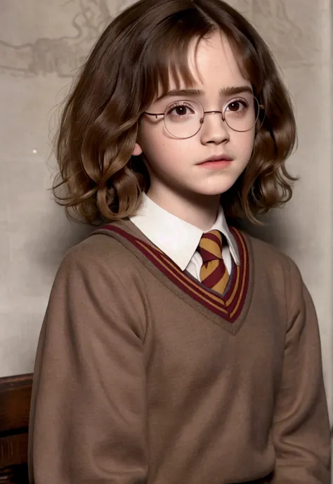 ((high resolution)), ((pale skin)), 10 year old young emma watson, blushing cheeks, (short curly hair, hair is dark brown), ((we...