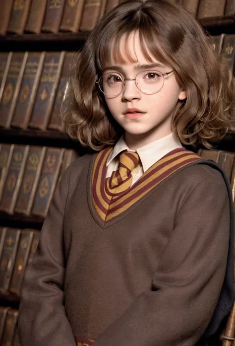 ((high resolution)), ((pale skin)), 10 year old young emma watson, blushing cheeks, (short curly hair, hair is dark brown), ((we...