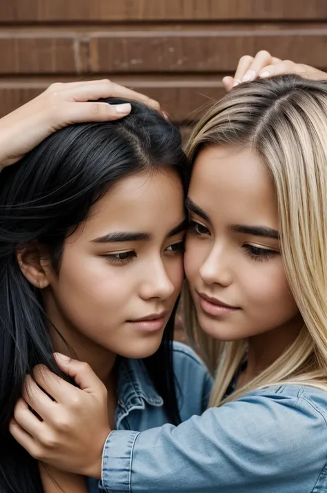 Black-haired boy and a blonde girl touching their foreheads together affectionately