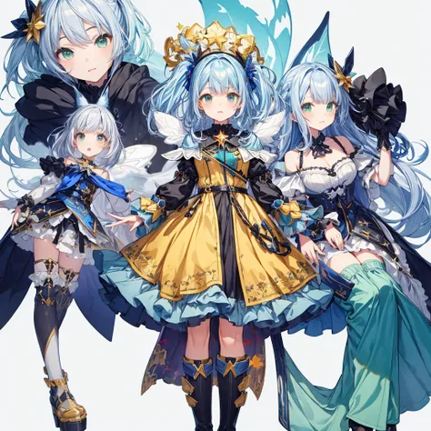 1girginal cute hairstyle、Star Fairy、Star incarnation、Character design front view、A picture facing the viewer、(((Super detailed、Highest quality、Masterpiece)))、vtuber-fullbody,Milky white and blue hair color、Simple Green Background、vtuber-fullbody,