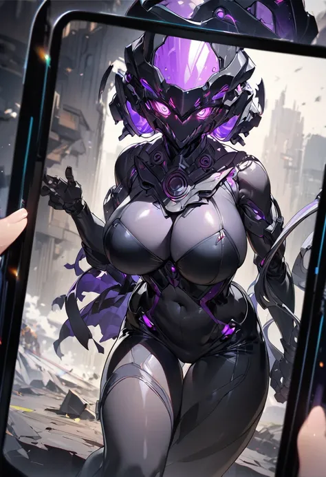 1 girl,Browsing Caution,Helmet, brainwashing, visor, wire, clavicle, Eyes glowing purple,Absurd, brainwashinging,Hollow Eyes, Big Breasts, Expressionless,Emotional erasure, (Black latex tight bodysuit),avert your eyes , 全身shape,(Highest quality、4K、8k、High ...