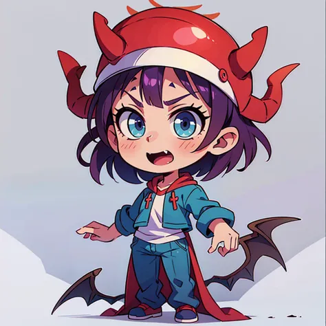 ((Two devil horns on his head))、boy、Purple hair、short hair、Blue-green eyes、Red cape vampire outfit