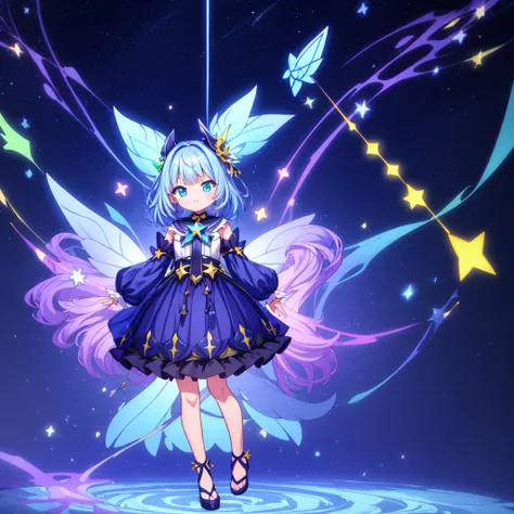 1girginal cute hairstyle、Star Fairy、Star incarnation、Character design front view、A picture facing the viewer、(((Super detailed、Highest quality、Masterpiece)))、vtuber-fullbody,Milky white and blue hair color、Simple Green Background、vtuber-fullbody,