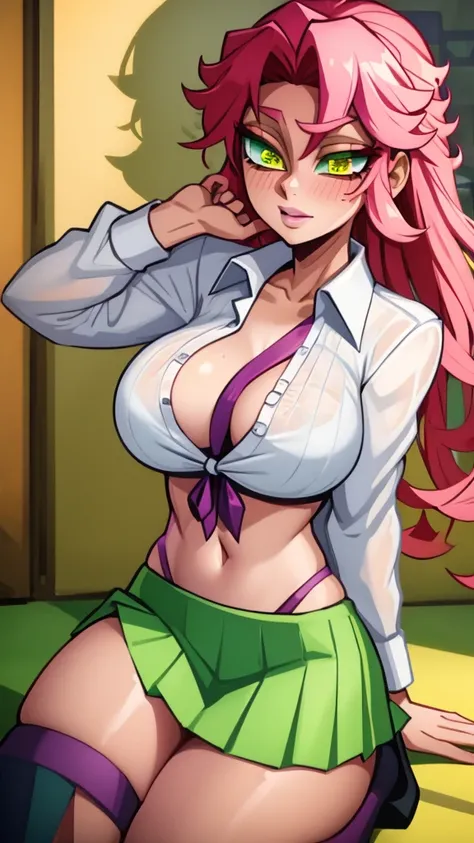 a sexy girl Big breast sensual beautiful popularity beautiful  long curly yellow hair her green eye cute pink lip she wears a white button-down shirt tied knot shows navel shows chest Purple bra and a short green skirt black heel