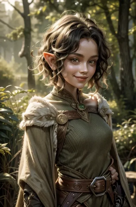 she's a half-elf, with short curly hair, cute and spritely with a twinkle in her eye and a smile on her face.