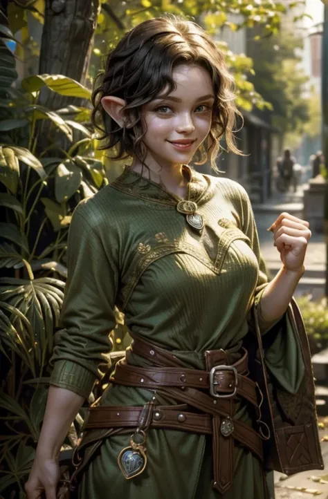 Shes a half-elf, with short curly hair, cute and spritely with a twinkle in her eye and a smile on her face. 