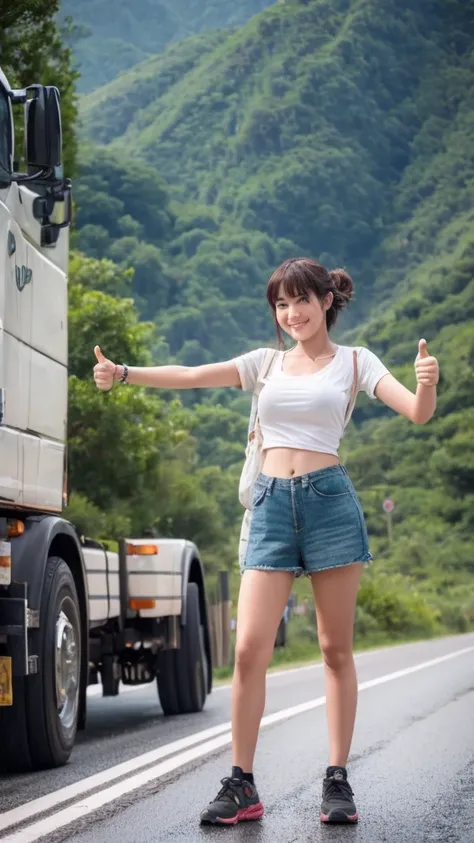 A woman hitchhiking with a thumbs up　Stand on the side of the road　A large truck passing by　It rains　