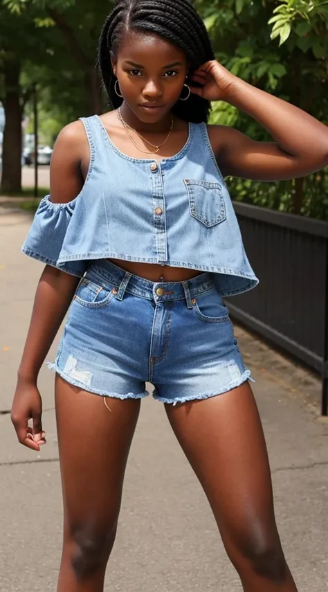 Black teenage girl, 17 years old, wearing blue jeans shorts with hot legs