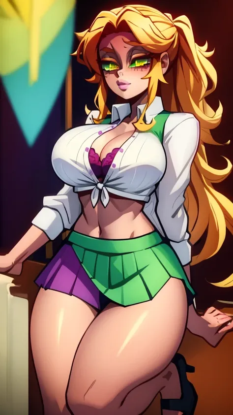 a sexy girl Big breast sensual beautiful popularity beautiful  long curly yellow hair her green eye cute pink lip she wears a white button-down shirt tied knot shows navel shows chest Purple bra and a short green skirt black heel