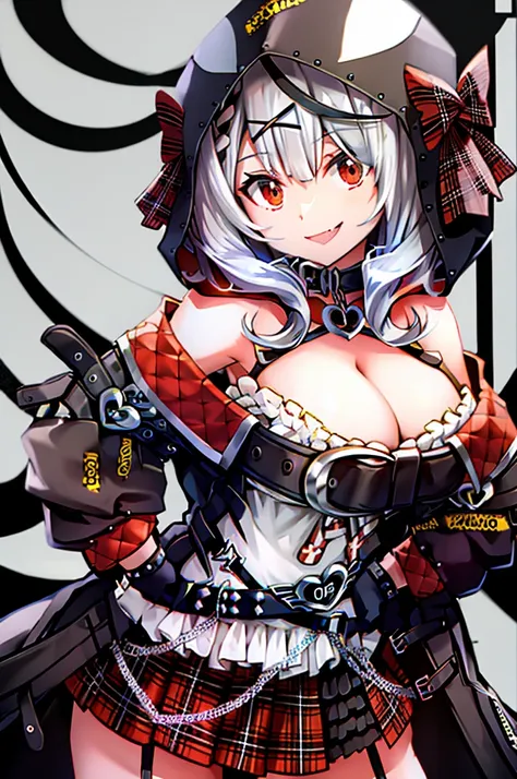 skirt, red eyes, cleavage, gloves, fingerless gloves, grey hair, multicolored hair, looking at viewer, x hair ornament, hood, st...