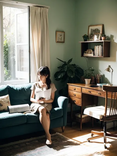 living room, couch, window, curtains, dappled sunlight, potted plant, table, cabinet,bookshelf, paper, desk lamp, typewriter, girl sitting on sofa