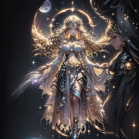 a woman in a golden dress stands in front of a starry sky., celestial goddess, beautiful heavenly mage, gorgeous goddess of leo,...