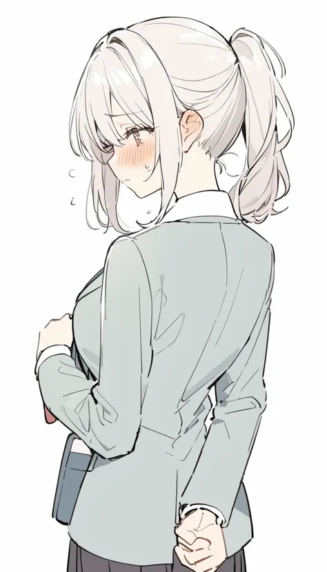 alya mikhailovna, one solo girl, school suit, uniform, ashamed blush, back view, side view of face, simple lines, , ponytail, wh...