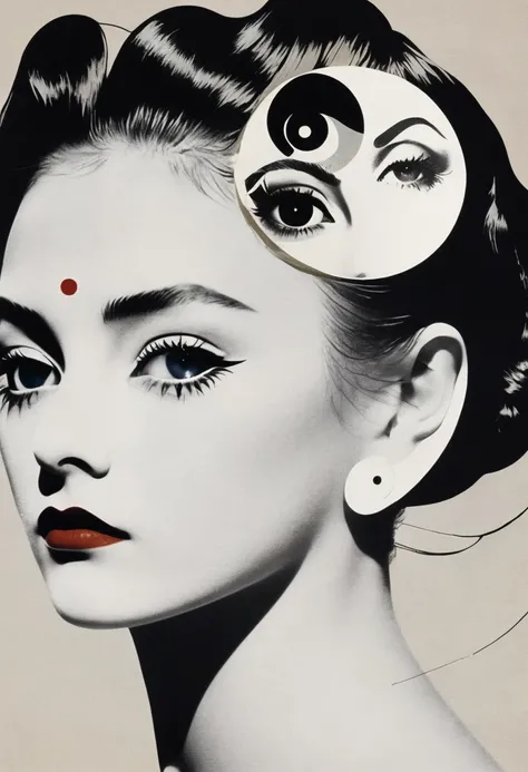 Man Ray：dadaist。Minimalist geometry，Multi-layer collage，Irregularly cropped photos to create a collage，Beautiful woman, Delicate face, Delicate eyes, Yin Yang Hairstyle