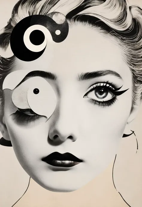 Man Ray：dadaist。Minimalist geometry，Multi-layer collage，Irregularly cropped photos to create a collage，Beautiful woman, Delicate face, Delicate eyes, Yin Yang Hairstyle