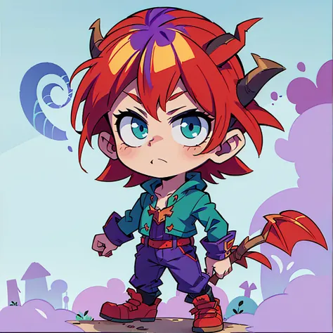 ((Two devil horns on his head))、boy、Purple hair、short hair、Blue-green eyes、Red cape vampire outfit