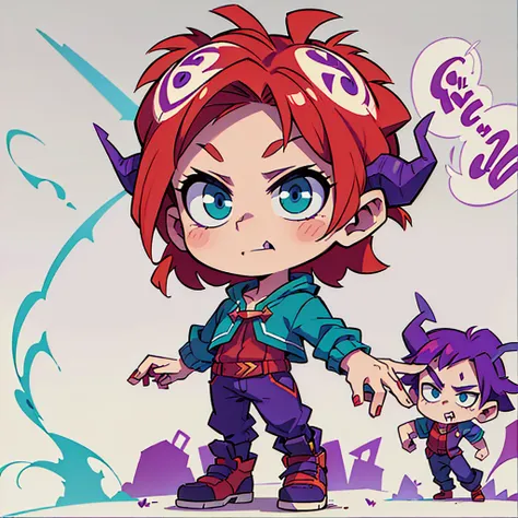 ((Two devil horns on his head))、boy、Purple hair、short hair、Blue-green eyes、Red cape vampire outfit