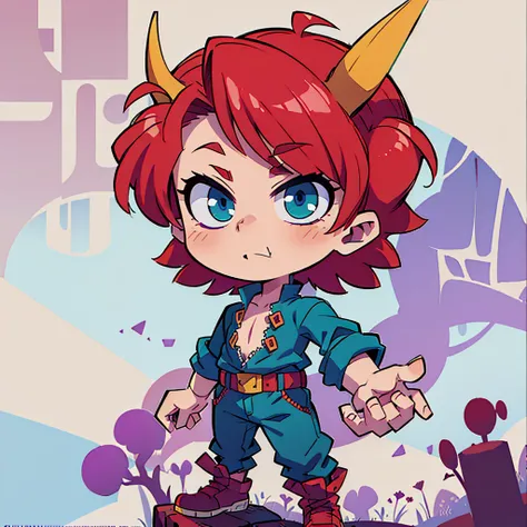 ((Two devil horns on his head))、boy、Purple hair、short hair、Blue-green eyes、Red cape vampire outfit