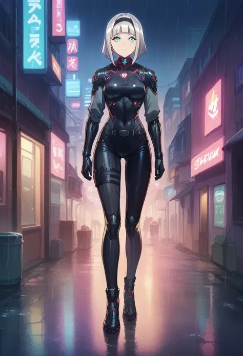 Anna nishikinomiya with the same female body but only with armor that covers her entire cyberpunk body, has a (black robotic armor)Black cyborg, from torso to feet, whole body  (slim), in a raining alley of a cyberpunk city 