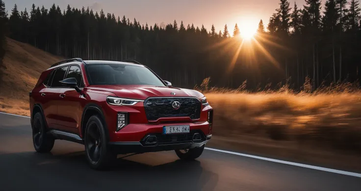 SUV Photos，A red SUV is on the right side of the photo.，Car side，amazing，Drive on the highway，Showing speed and passion，Red photos，detail强化，blur background/Bokeh，Bright with natural light，Ray Tracing，Sunset sky，forest，Hill in the distance，Highly detailed e...