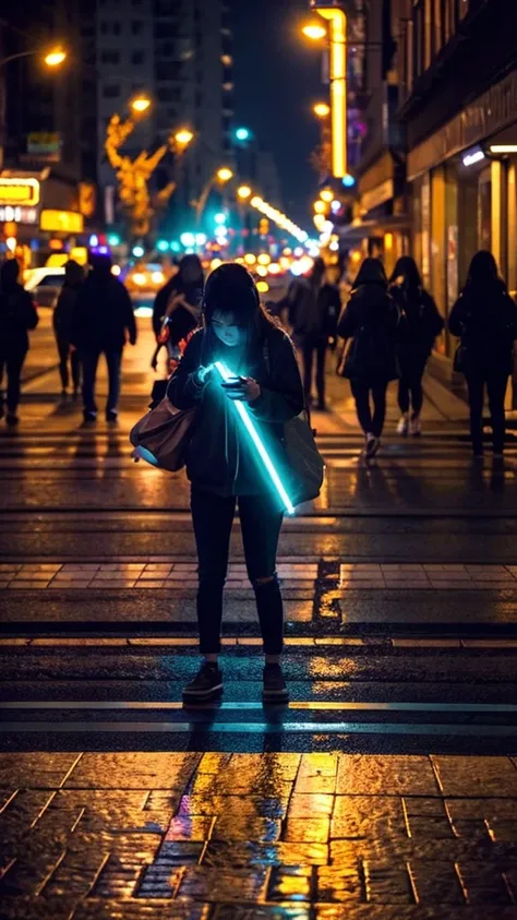 Beautiful woman, Lighted street at night, Fidgeting with smartphones, Passersby, Night view gradation, Fine details, Subtle tone, Silence on the screen.  Hitchhiking with right thumb up。It rains　