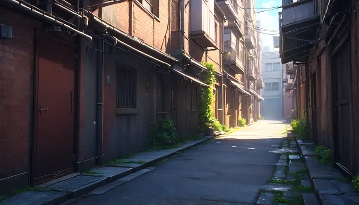 a deserted alley in the city, anime style, daylight, no people, cinematic lighting, highly detailed, 4k, hyperrealistic, masterpiece, vibrant colors, dramatic atmosphere