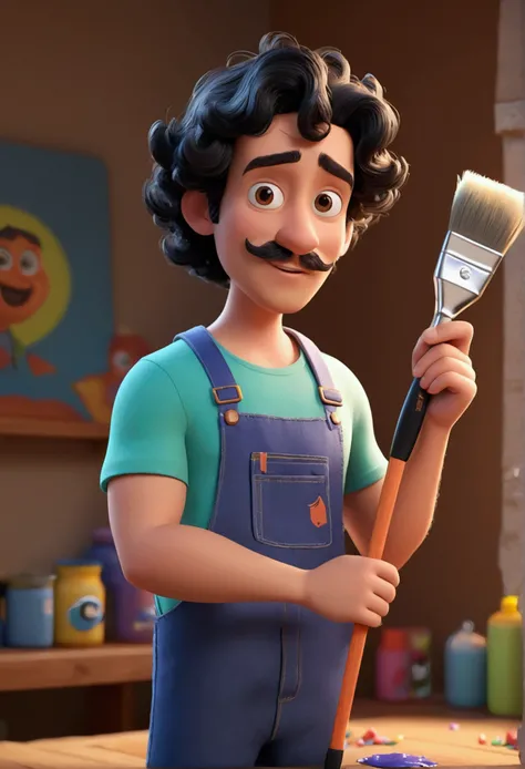 Cartoon character of a man with neck-length black curly hair, He has black eyes, He has a medium black mustache and a medium beard on his chin., he is holding a brush with paint, an animated character, stylized character, animation style rendering, 3d styl...