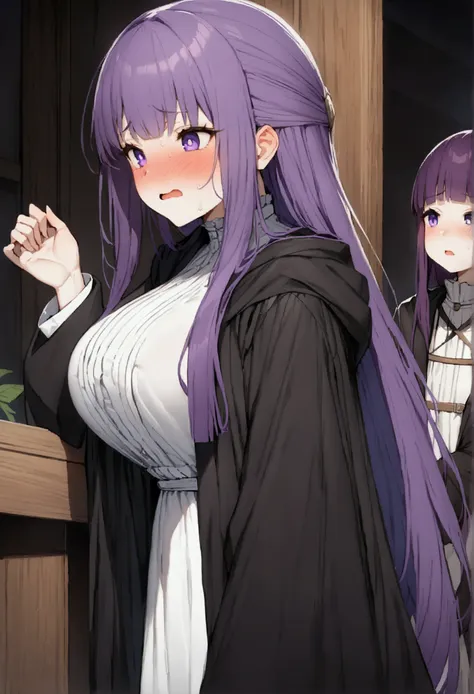 NSFW,masterpiece,Highest quality,High resolution,Super detailed,Fern(Funeral of Frieren),Purple eyes,Purple Hair,Long Hair,Big Breasts,White Dress,Robe,Embarrassed,blush,Adventurer&#39;s Guild,counter