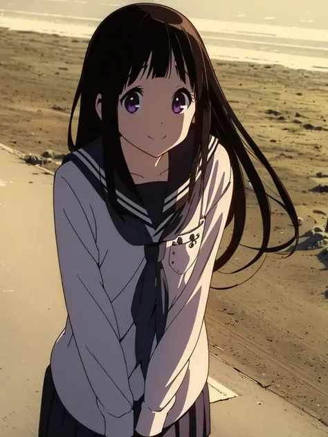 masterpiece, best quality, chitanda_eru, closed_mouth, collarbone, looking_at_viewer, neckerchief, outdoors, sailor_collar, school_uniform, serafuku, smile, solo, upper_body, roadside