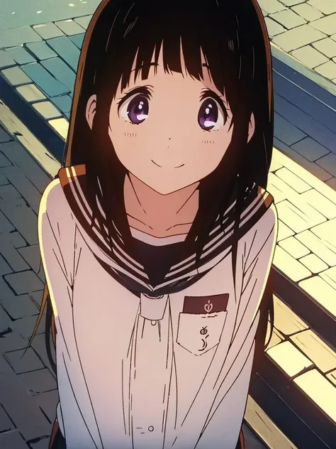 masterpiece, best quality, chitanda_eru, closed_mouth, collarbone, looking_at_viewer, neckerchief, outdoors, sailor_collar, school_uniform, serafuku, smile, solo, upper_body, roadside