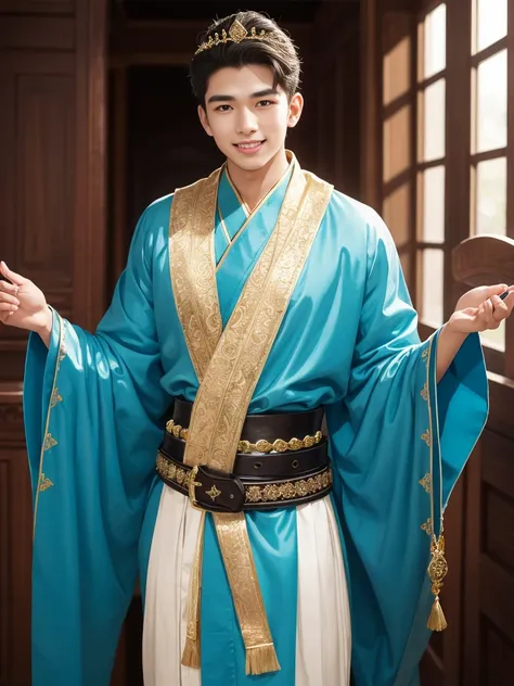 A young man as handsome as a god Wear traditional Thai clothing. sweet face Like a beautiful woman, clear pearly eyes, like twinkling stars. Thin lips painted a light pink color Beautifully arched eyebrows His hair was pitch black, long and flowing, tied i...