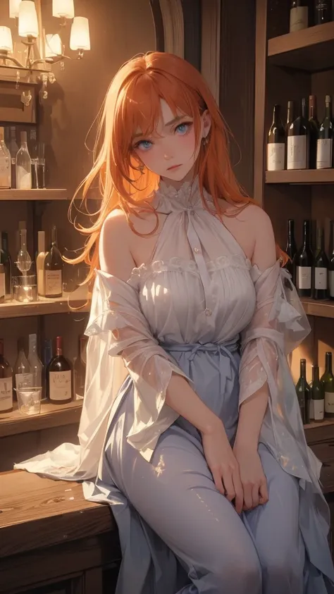 beautiful girl, rosto angelical, extremely sad expression, (melancholic), holding a glass of wine, sitting at the counter of a wine cellar, blue colored eyes, hair orange, work of art, ultra detaild, ((4K)), depressed, tears in the eyes, taking a deink